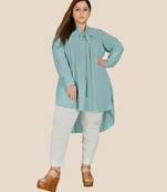 Stylish ladies pleated tie collar high low top  -Sky Blue