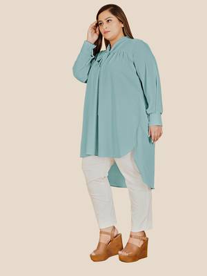 Stylish ladies pleated tie collar high low top  -Sky Blue 2