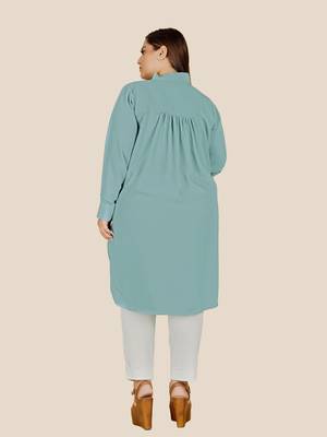 Stylish ladies pleated tie collar high low top  -Sky Blue 3