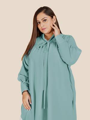 Stylish ladies pleated tie collar high low top  -Sky Blue 5