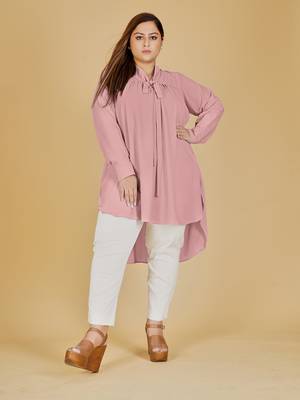 Stylish ladies pleated tie collar high low top  -Pink 1