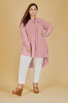 Stylish ladies pleated tie collar high low top  -Pink