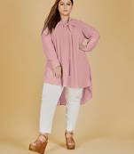 Stylish ladies pleated tie collar high low top  -Pink