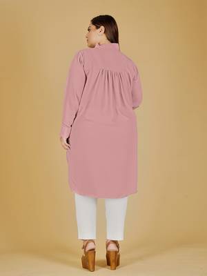 Stylish ladies pleated tie collar high low top  -Pink 3