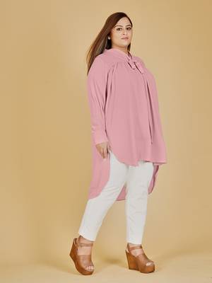 Stylish ladies pleated tie collar high low top  -Pink 4