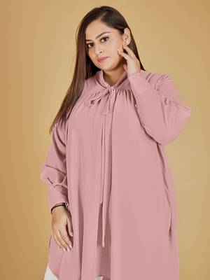 Stylish ladies pleated tie collar high low top  -Pink 5