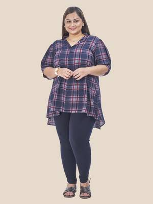 Stylish ladies notch collar checks short top -Blue 1
