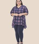 Stylish ladies notch collar checks short top -Blue