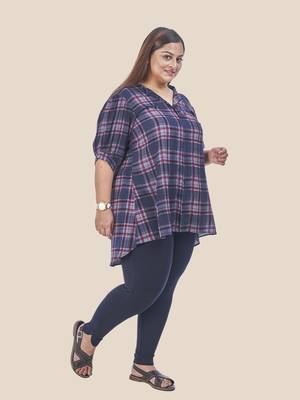 Stylish ladies notch collar checks short top -Blue 2