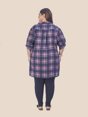 Stylish ladies notch collar checks short top -Blue 3