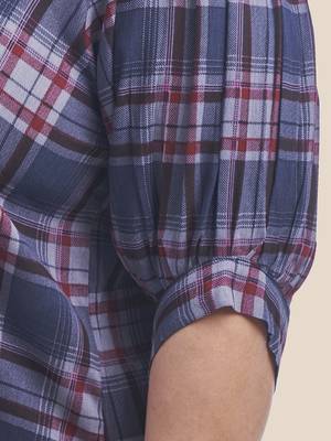 Stylish ladies notch collar checks short top -Blue 4