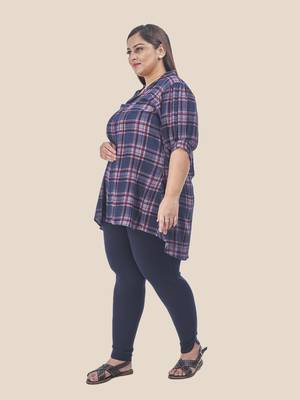 Stylish ladies notch collar checks short top -Blue 5
