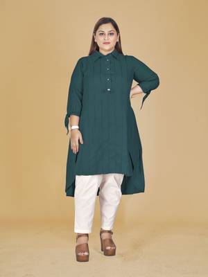 Stylish ladies stand collar high low Tunic with tie up sleeves -Blue 1