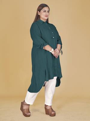 Stylish ladies stand collar high low Tunic with tie up sleeves -Blue 2