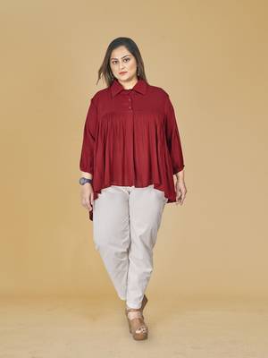 Stylish ladies  pleated hi low top-Red 1