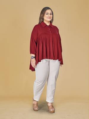 Stylish ladies  pleated hi low top-Red 2