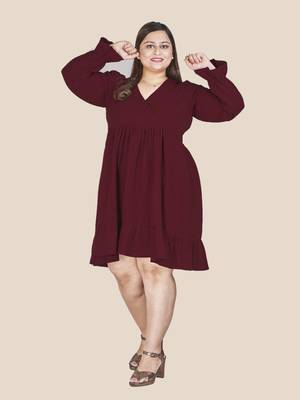 Stylish ladies wrap styled with ruffle sleeve dress-Maroon 1