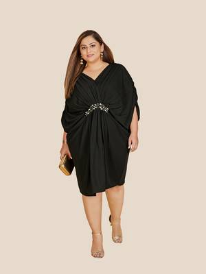 Stylish ladies kaftan styled pleated dress with hand work- Black 1