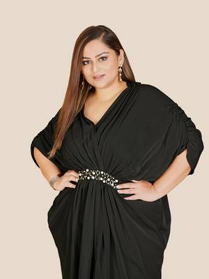 Stylish ladies kaftan styled pleated dress with hand work- Black 4
