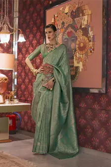 Sea Green Woven Silk Blend Saree With Blouse