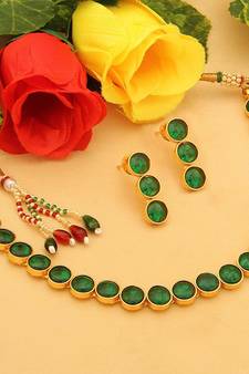 Gold Plated Traditional Stone Studded Necklace Jewellery Set For Women And Girls