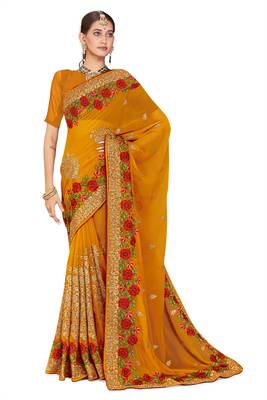 Mustard embroidered georgette saree with blouse 1