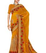 Mustard embroidered georgette saree with blouse