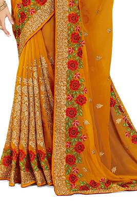Mustard embroidered georgette saree with blouse 3