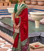 Red Printed Silk Blend Saree With Blouse