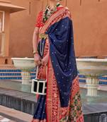 Blue Printed Silk Blend Saree With Blouse