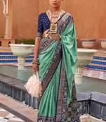 Green Printed Silk Blend Saree With Blouse