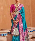 Blue Printed Silk Blend Saree With Blouse