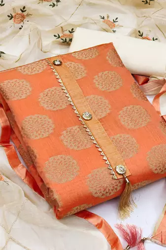 Orange Banarasi Jacquard Unstitched Salwar Suit Dress Material