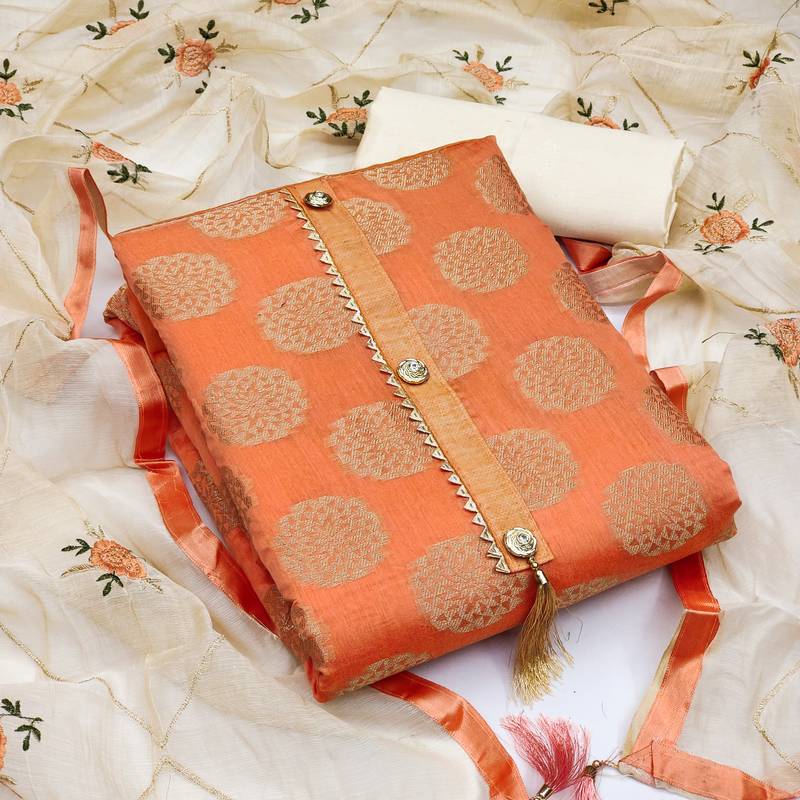 Orange Banarasi Jacquard Unstitched Salwar Suit Dress Material