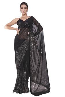 Sequin Work Georgette Black Saree With Unstiched Blouse Piece 