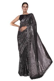 Sequin Work Georgette Black Saree With Unstiched Blouse Piece 