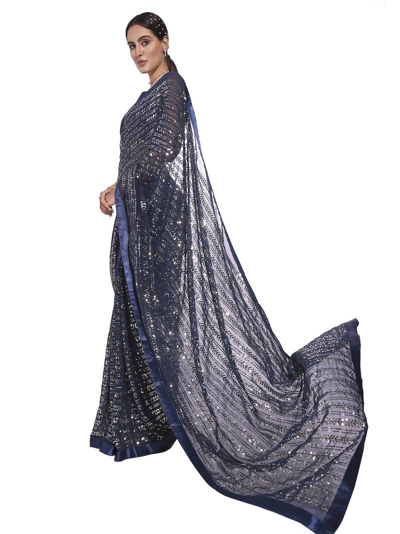 Sequin Work Georgette Blue Saree With Unstiched Blouse Piece 