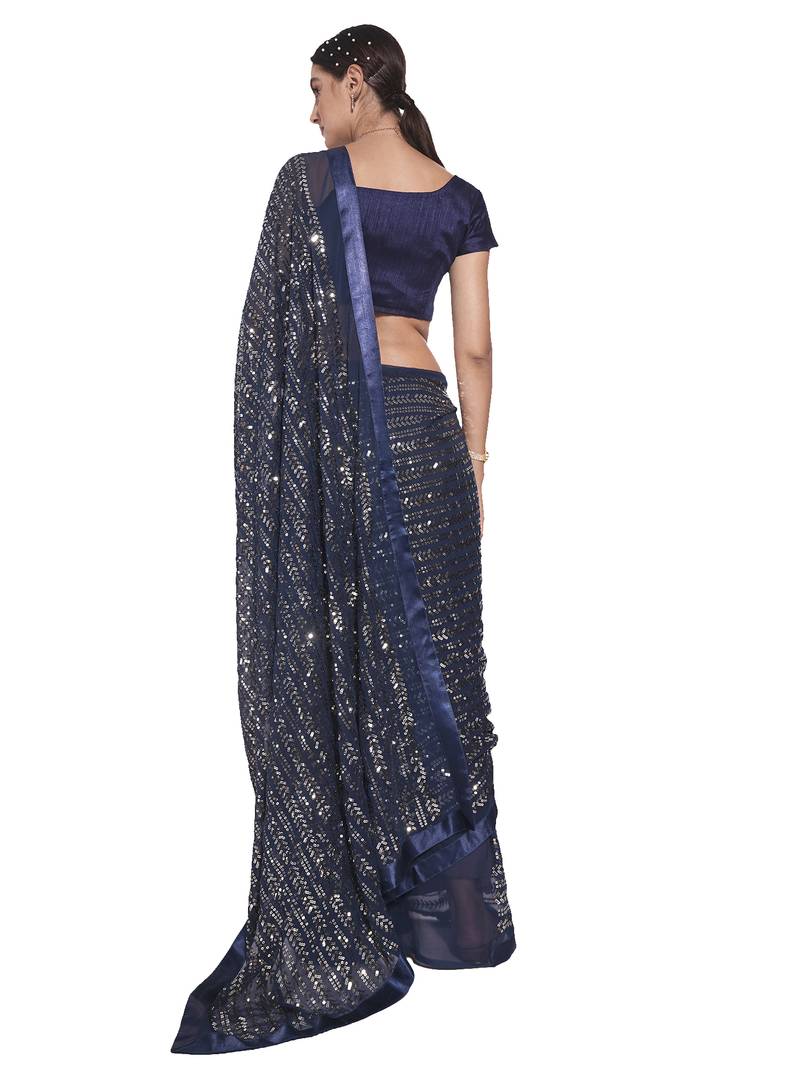 Sequin Work Georgette Blue Saree With Unstiched Blouse Piece 