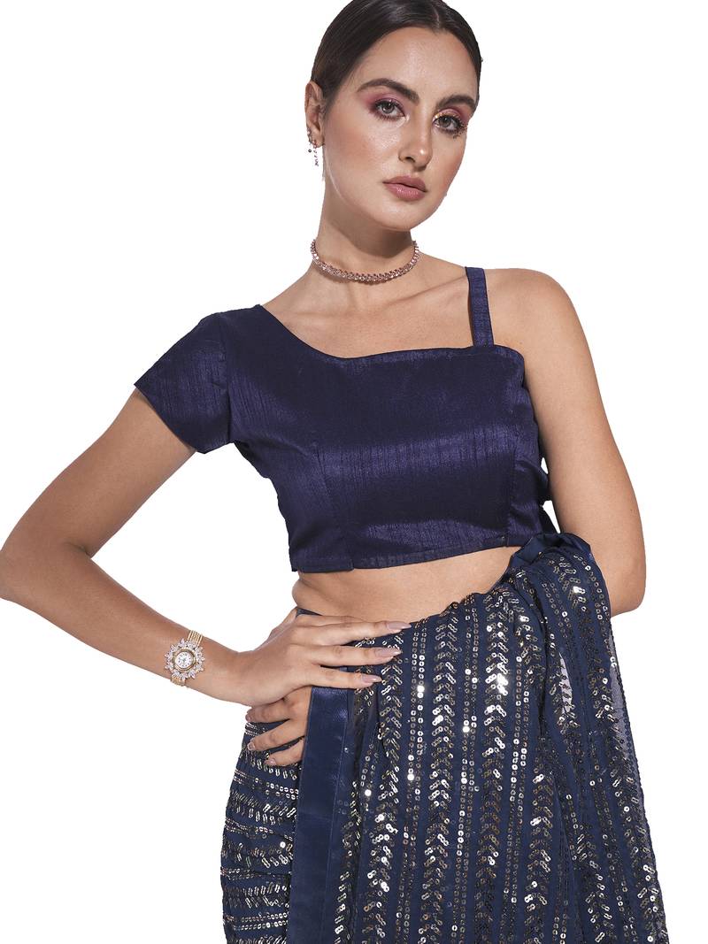 Sequin Work Georgette Blue Saree With Unstiched Blouse Piece 