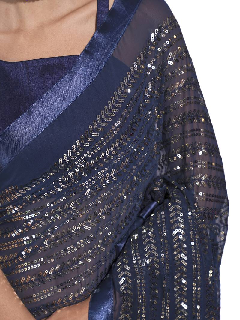 Sequin Work Georgette Blue Saree With Unstiched Blouse Piece 