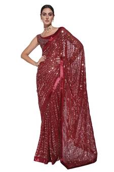 Sequin Work Georgette Maroon Saree With Unstiched Blouse Piece 
