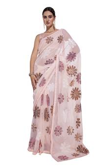 Sequin Work Georgette Peach Saree With Unstiched Blouse Piece 