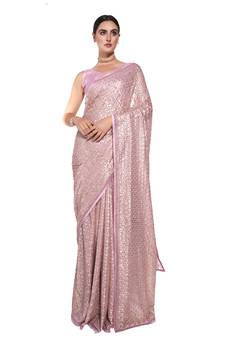 Sequin Work Georgette Golden Saree With Unstiched Blouse Piece 