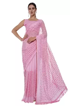 Sequin Work Georgette Pink Saree With Unstiched Blouse Piece 