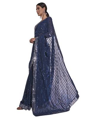 Sequin Work Georgette Teal Saree With Unstiched Blouse Piece  2