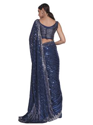 Sequin Work Georgette Teal Saree With Unstiched Blouse Piece  3