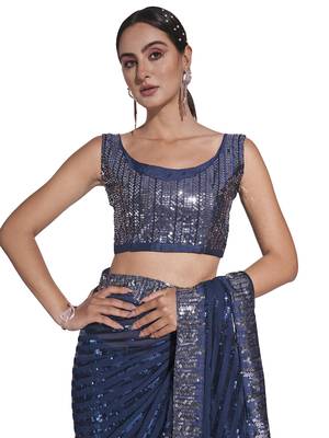 Sequin Work Georgette Teal Saree With Unstiched Blouse Piece  4
