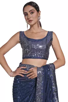 Sequin Work Georgette Teal Saree With Unstiched Blouse Piece 