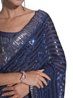 Sequin Work Georgette Teal Saree With Unstiched Blouse Piece  5