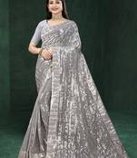 Ethnic Touch Grey Heavy Sequins Work Partywear Saree